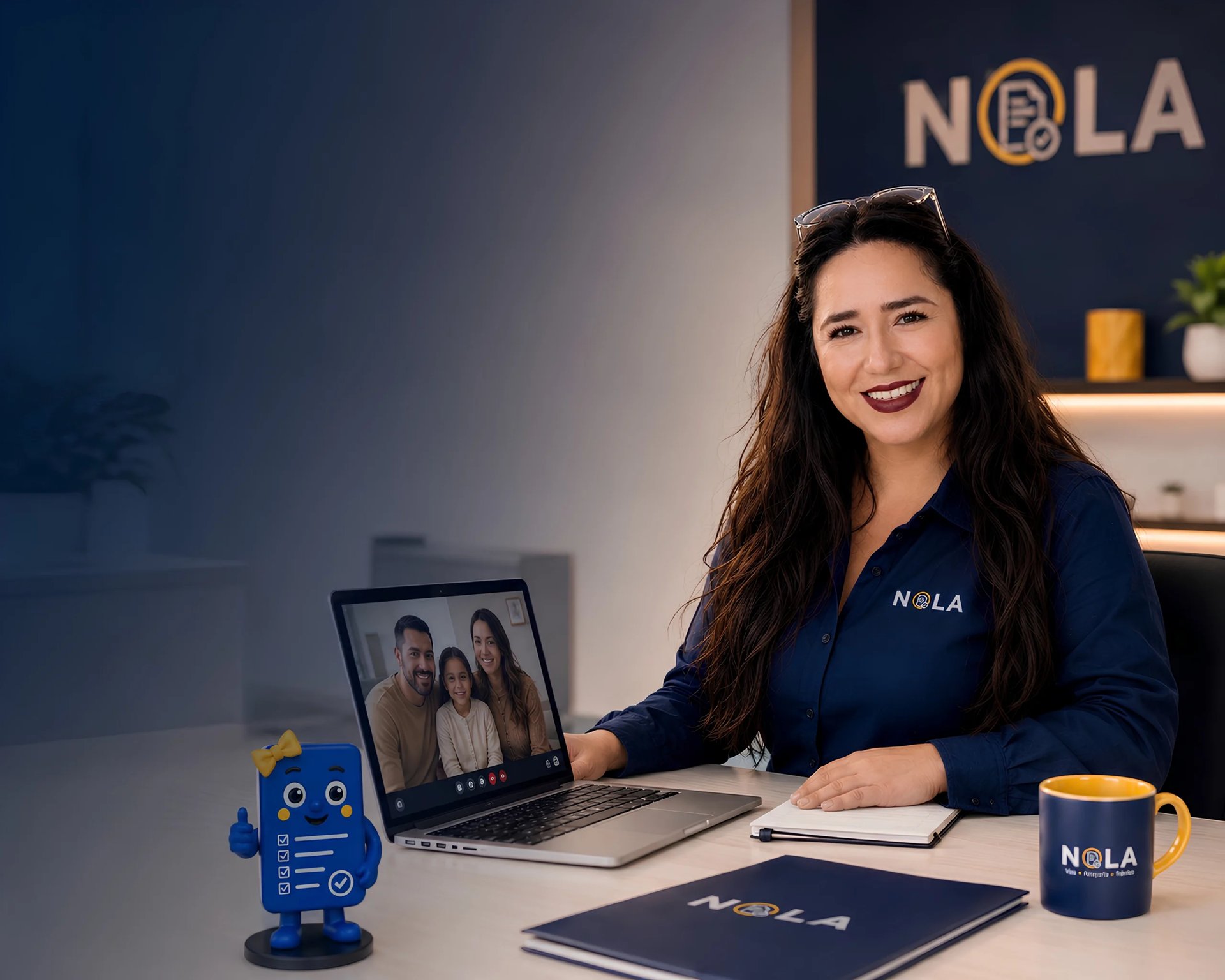 Mujer con playera NOLA en escritorio con laptop