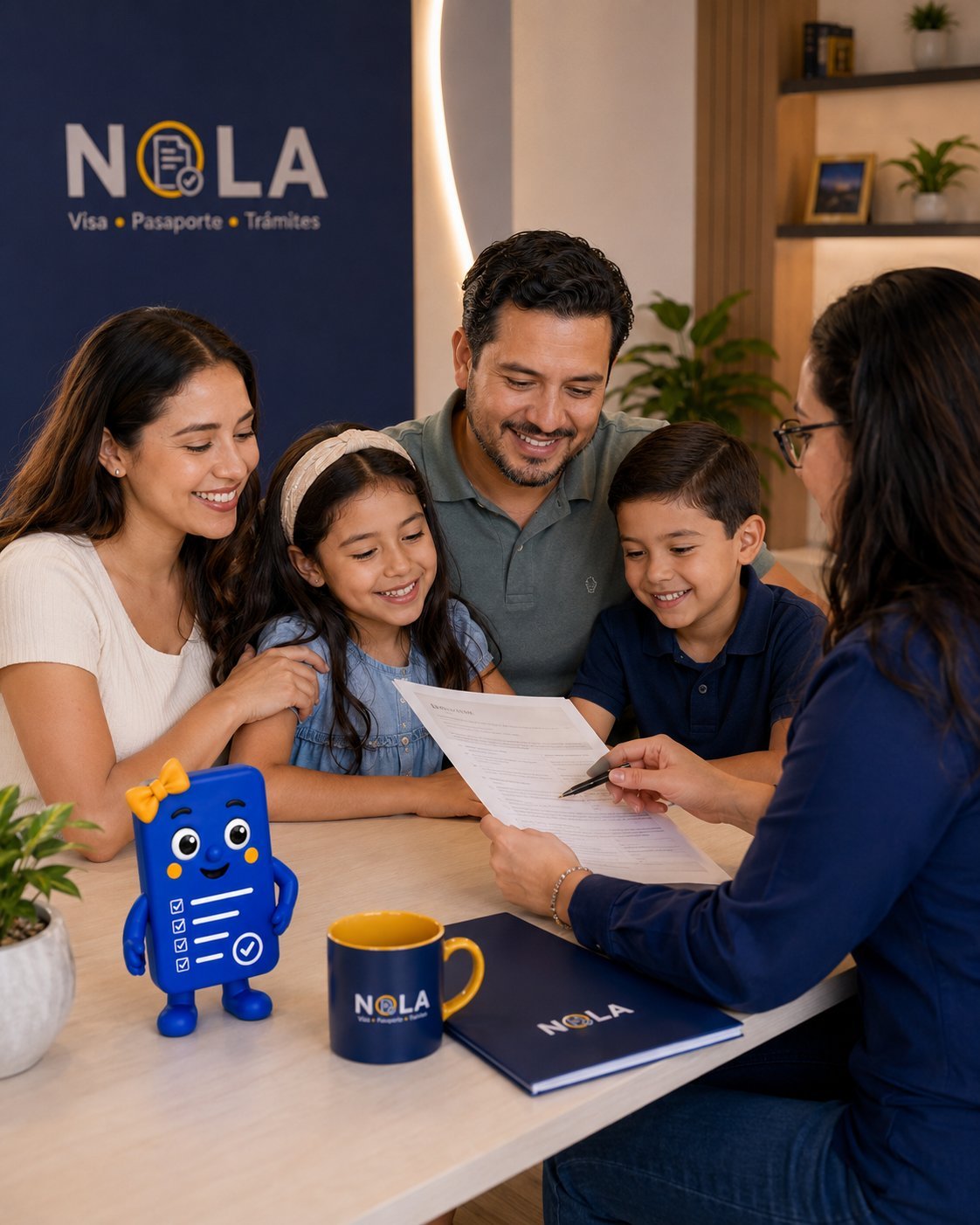 Familia revisando información de sus trámites con acompañamiento de NOLA.